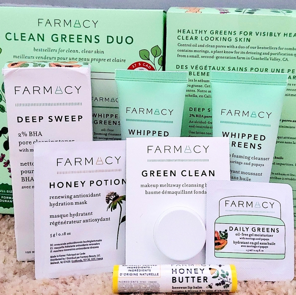 Farmacy Toner, Cleanser, lip balm + free samples
